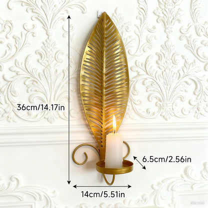 Farmhouse Wall Candle Sconces Vintage Metal Leaf Candle Holder, Set of 2 Wall Candlestick Mounted for Hallway Fireplace Bedroom Living Room (Gold)