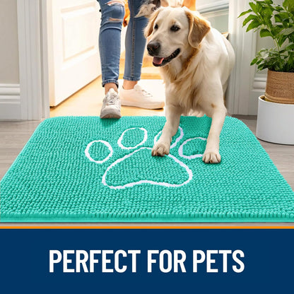 OLANLY Dog Door Mat - Absorbent Non-Slip Chenille Mat for Muddy Paws | 59x35 Teal Paw Print Design