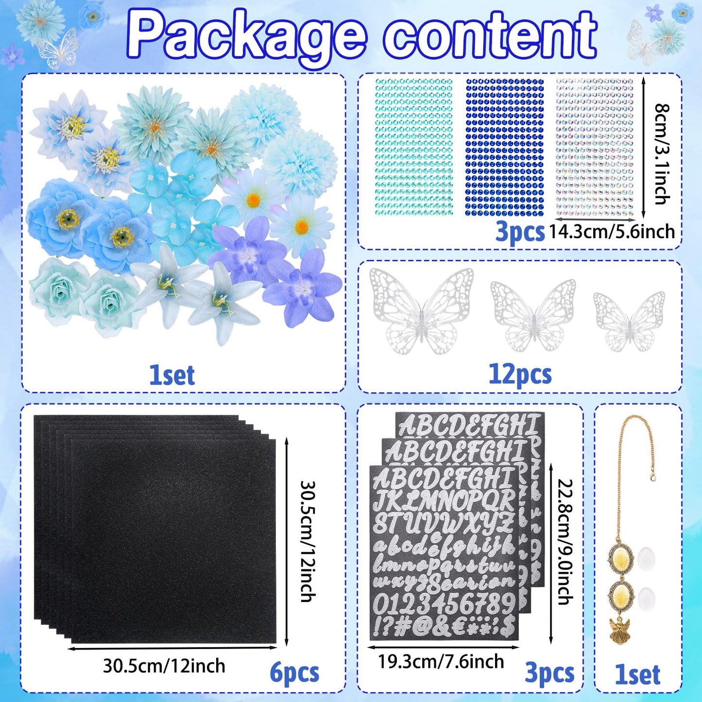 Kicpot Blue Graduation Cap Decorations Kit DIY Grad Cap Topper with Artificial Flower 3D Butterfly Rhinestones Alphabet Letter Number Stickers for 2025 Graduation Party Decorations Supplies (Blue)