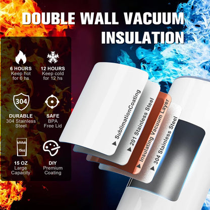 BetterSub 6 Pcs 15 oz Double Wall Insulated Stainless Steel Sublimation Blanks Tumblers White with Lid, Metal Straw, Brush, Display Box for Home, Travel