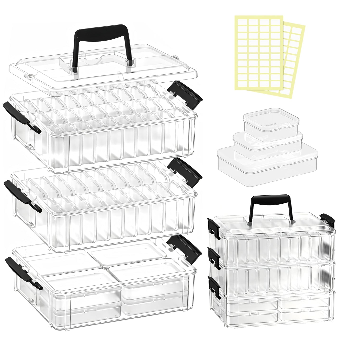 VANSUNS Bead Organizer Box 58 Pcs, 3-Tier Stackable Storage Box, and 3 Different Container Sizes Small Plastic Containers with Lids, Portability, Clear Organizers for Jewelry DIY Craft Storage