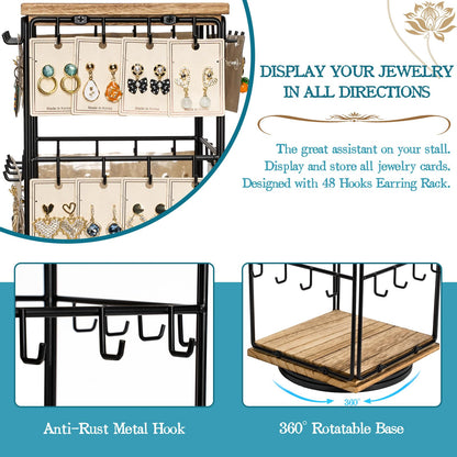 Yoimori 360 Rotating Earring Display Stands for Selling, Earring Rack Display Holder Stand, Jewelry Display for Vendors Selling Earring Cards, Necklaces, Bracelets, Hair Accessories (48 Hooks)