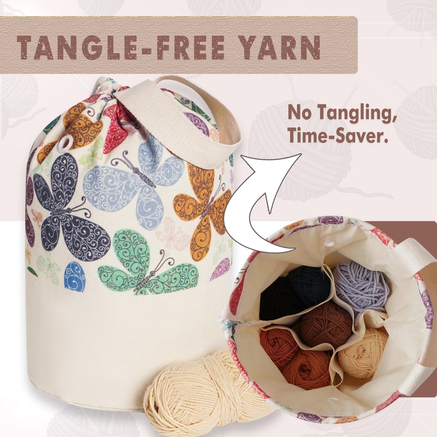 TOGETRUE Yarn Bag, Knitting Crochet Bag, Portable Yarn Storage Bags Organizer for Crocheting Project, Store Skein Ball, Short Knitting Needle (Large, Butterfly)