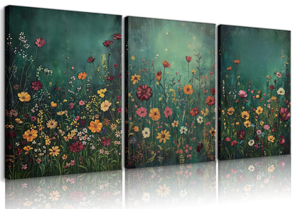 GEFQBBLD 3 Piece Canvas Wall Art Set, Emerald Green Wildflower Meadow Prints, Textured Impasto Boho Floral Decor for Living Room Bedroom 12x16 unframed