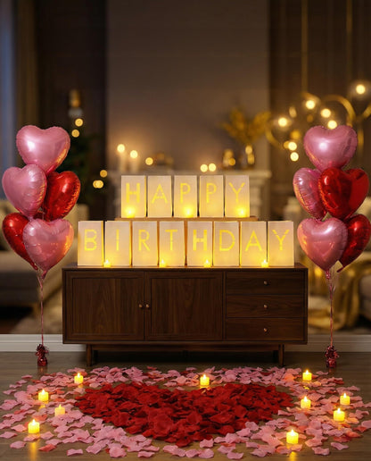 JZLiner Happy Birthday Light Up Sign Include Fake Rose Petals Led Tea Light Candles Balloons Set Room Decor for Women and Men