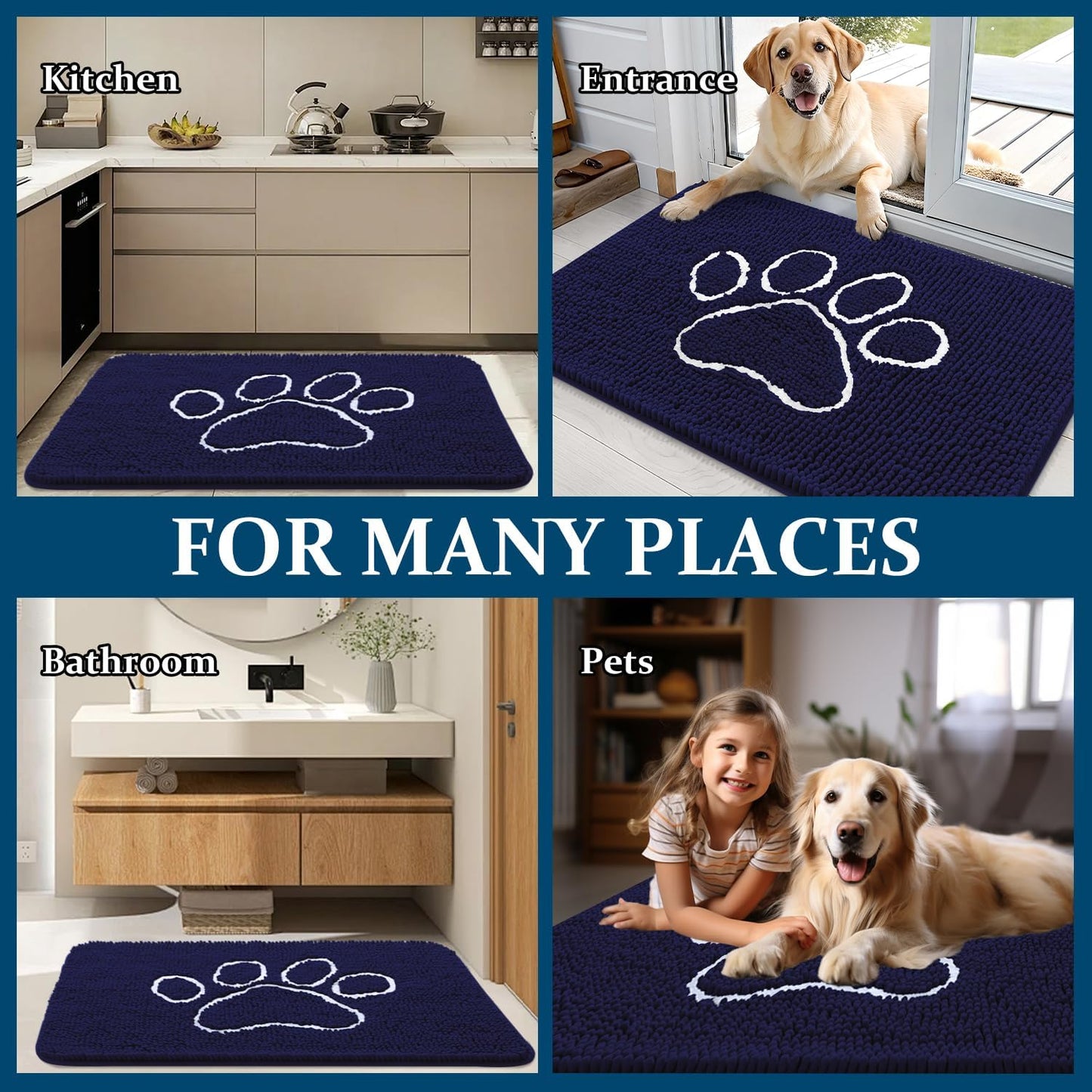 OLANLY Dog Door Mat - Absorbent Non-Slip Mud Mat for Paws | 36x24 Navy Blue Chenille Design