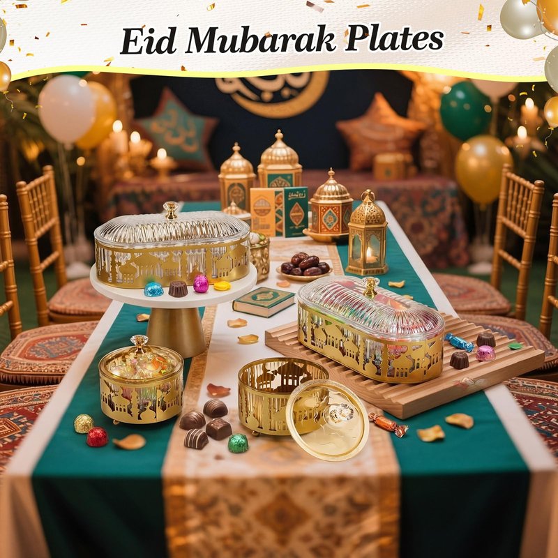 Otoolling 4 Pcs Ramadan Trays with Lid Gold Eid Mubarak Tray Plates Ramadan Moon Candy Dish Table Decorations Food Serving Tray Islam Muslim Al-fitr Cookie Storage Container for Eid Party Supplies
