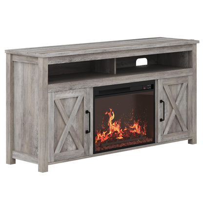 BELLEZE 58" Farmhouse Fireplace TV Stand for TVs up to 65", 23" Electric Fireplace Heater with Sound, Entertainment Center Media Console Table Barn Door Storage Cabinets for Living Room -Gray