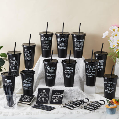 Hollowfly 24 Sets/96 Pcs Inspirational Gifts Bulk for Employee Recognition Appreciation, 24oz Plastic Cups Pens Notebooks Keychains Set, Gifts for Office School Teachers Staff Coworkers (Black)