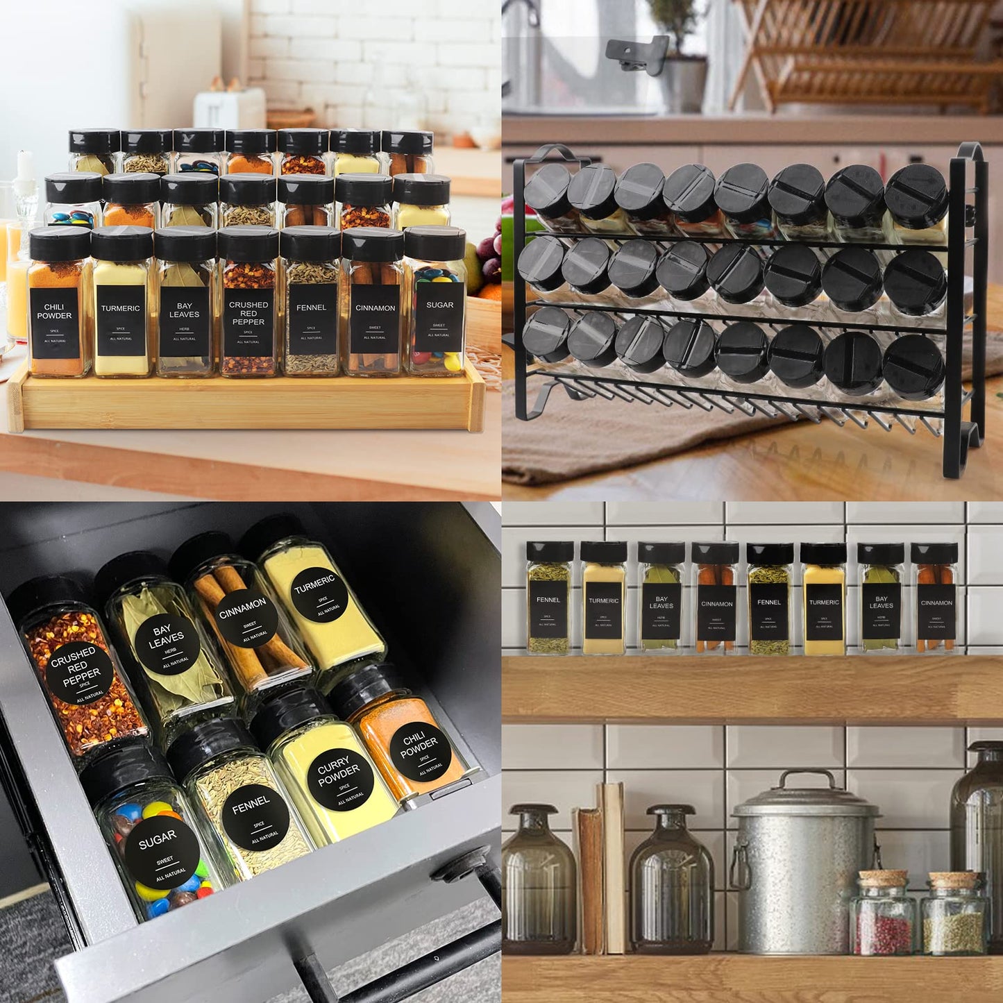 AISIPRIN 24 Pcs Glass Spice Jars with 398 Labels, 4oz Empty Square Spice Containers Seasoning Bottles - Shaker Lids, Funnel, Brush and Marker Included(Black Metal Caps)