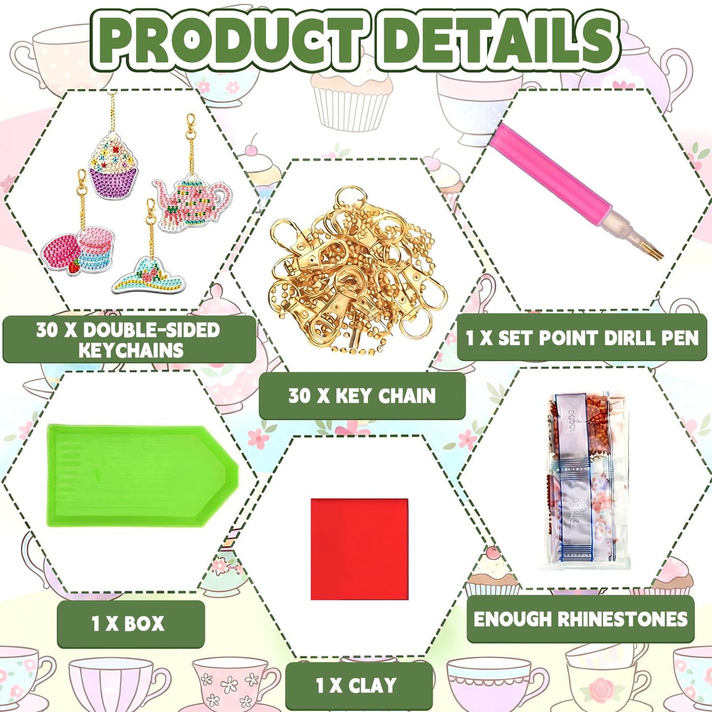 Huquary 30 Pcs Diamond Painting Keychains Tea Party Diamond Art Sets for Adult, Double Sided 5d Diamonds Hanging Keychains for Adult Beginner DIY Crafts Party Gift