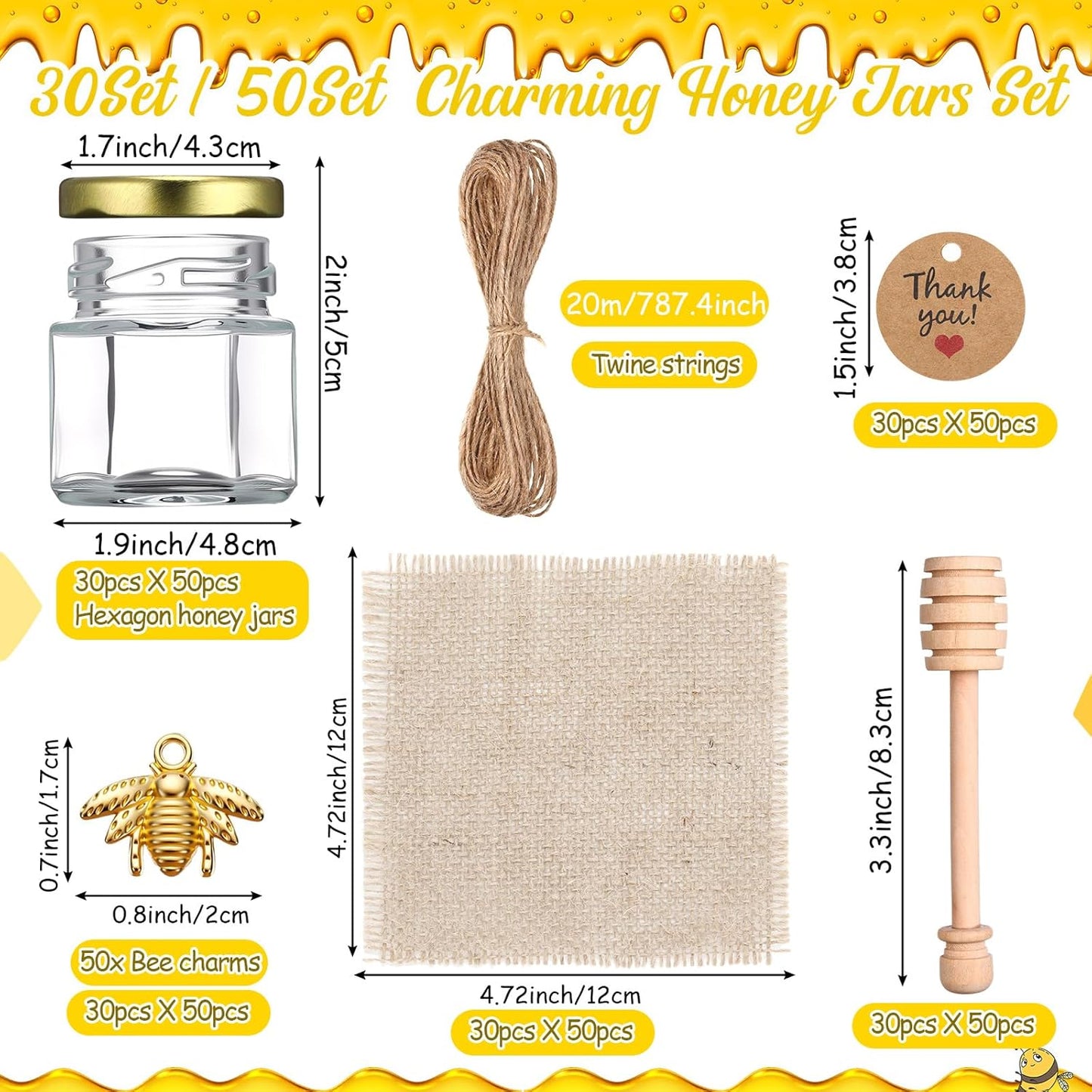 Funnymoom 30 Set 1.5 oz Mini Honey Jars Party Favors in Bulk Hexagon Glass Honey Jar with Dipper Bee Charms Thank You