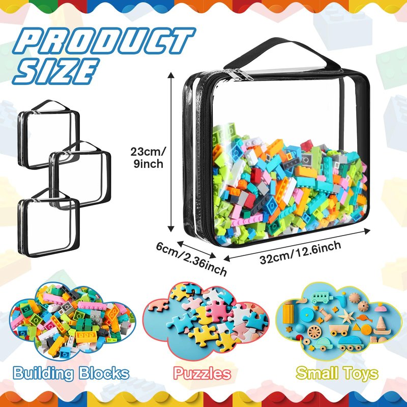 Sanwuta 12 Pcs Extra Large Toy Storage Bags 12.6 x 9 x 2.36 Inch Waterproof Toy Bags with Zipper Clear PVC Puzzles Organizing Container for Books Board Games Building Blocks Toiletry(Black)