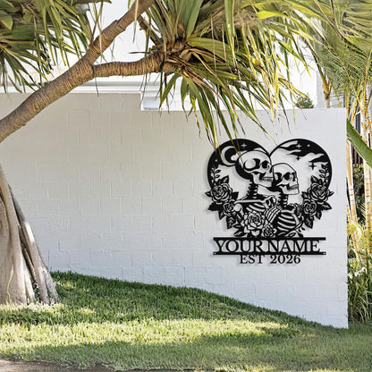 Personalized Skeleton Couple Metal Sign, Custom Skull Couple Name Sign Wall Decor Romantic Skull Lovers Wall Art Gothic Wedding Decor Personalized Wedding Valentine's Day Gift for Couples
