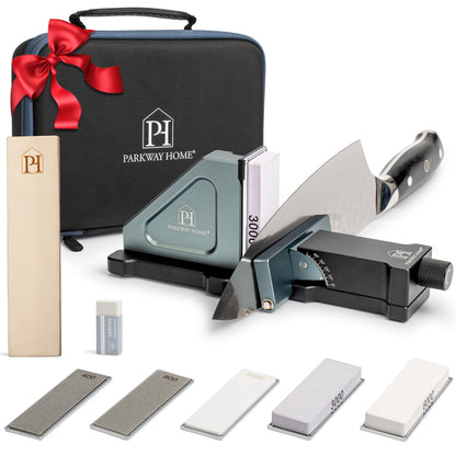 PATENTED ORIGINAL ADJUSTABLE ROLLING KNIFE SHARPENER KIT: Adjustable Height, 30 Angle Options, 5 Removeable Whetstone Plates, Leather Strop with Travel Case - Kitchen Knife Sharpener