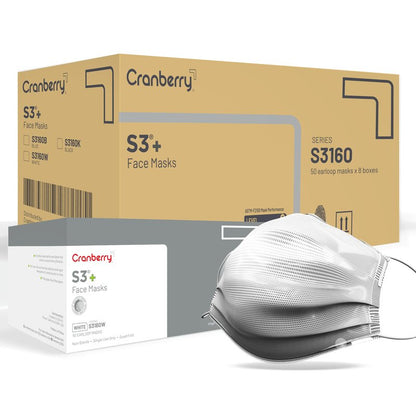 Cranberry USA S3160Wcase S3+ Earloop Face Mask, 3-Ply, Disposable, White (Pack of 400)