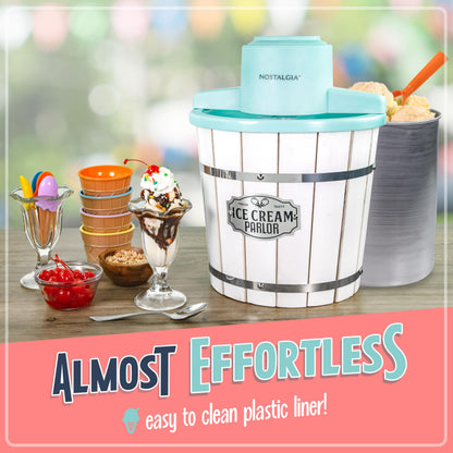 Nostalgia Electric Ice Cream Maker - Old Fashioned Soft Serve Ice Cream Machine Makes Frozen Yogurt or Gelato in Minutes - Fun Kitchen Appliance - Vintage Wooden Style - Light Wood - 4 Quart