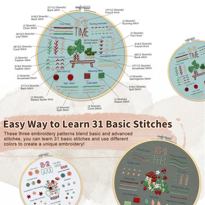 KintKita Embroidery Kit for Adults Beginners, 3 Stages to Learn 31 Basic Embroidery Stitches Practice Cross Stitch Kits for Beginners with Embroidery Patterns, Hoop,Threads,Tools