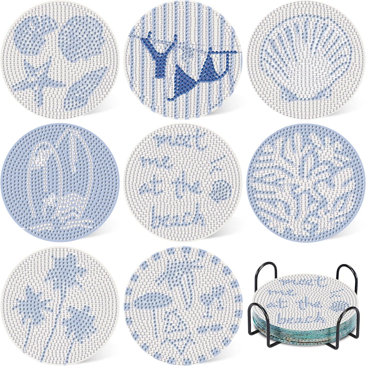 Beach Diamond Art Coasters Kit, 8 Pcs Beach Diamond Painting Coasters with Holder, 5D Gem Art Kit Easy Crafts, Non Slip Coaster for Home Decor Gift