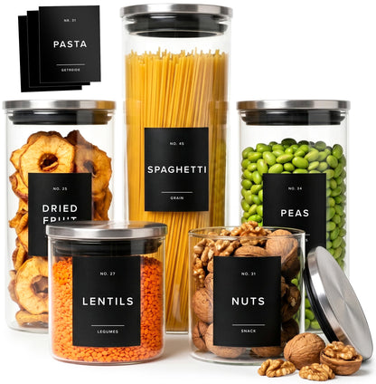 EDELHAUS Glass Storage Containers with Stainless Steel Lids [Extra Thick Glas] with 54 Labels - Canister For Pantry Noodles Flour Cereal Rice Sugar Tea Coffee Beans - Round Set of 5x