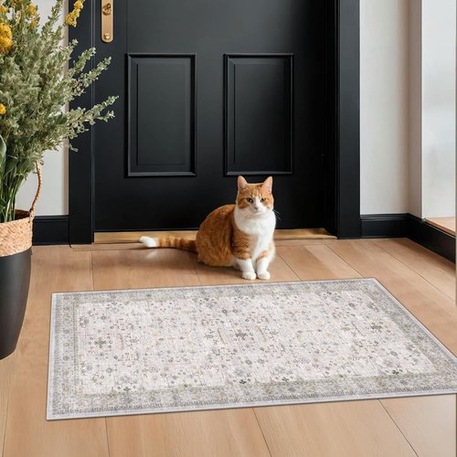 Boho Bathroom Rug by Light Grey | Modern Vintage Floral Design, Washable Non-Slip 2x4 Area Rug