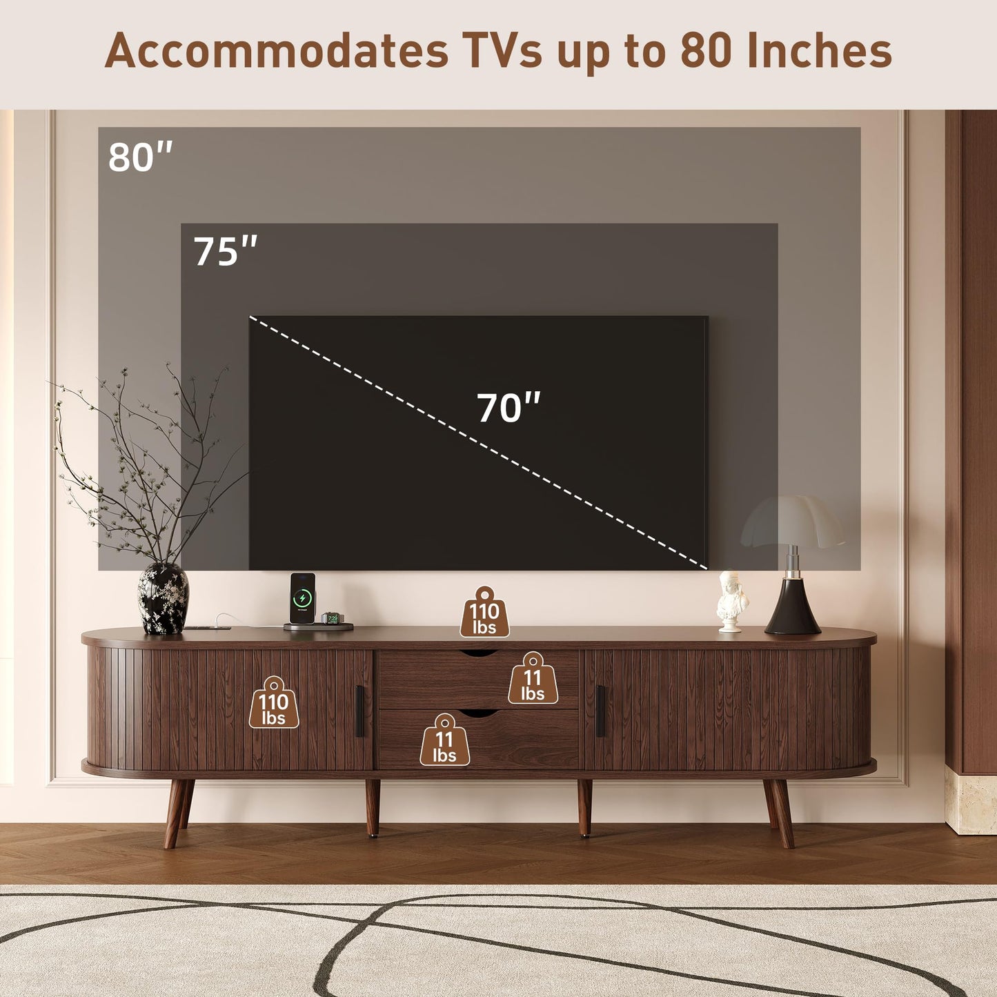 Merax 78'' Modern TV Stand for TVs up to 85 Inches, Entertainment Center with Fluted Glass Drawers & Cable Management, Solid Wood Legs, TV Console for Living Room, Walnut