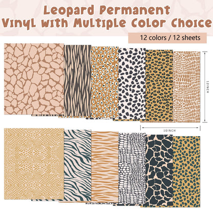 Tintnut Animal Print Pattern Permanent Vinyl - 12Sheets 12 x 10inches Leopard Print Permanent Adhesive Vinyl for Cutting Machine, Home Decor Self Sticker