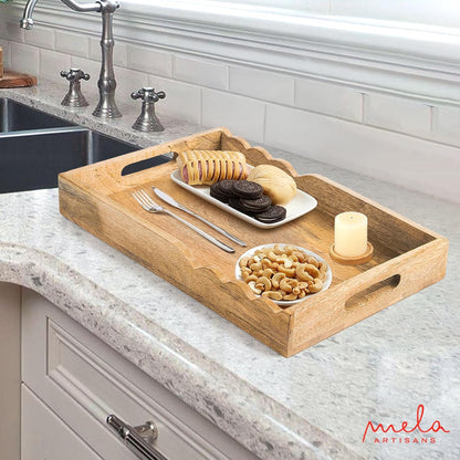 15x10x1.75 inch Mela Artisans Wooden Serving Tray with Handles | | Mango Wood Decorative Tray| Ottoman Tray | Snacks |