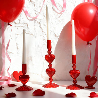 Mumufy 3 Pcs Valentine's Day Glass Candlestick Holders Heart Glass Taper Candle Holder Valentines Heart Candle Stick Vase Decor for Galentine's Day Wedding Festival Party Table Centerpiece(Red)
