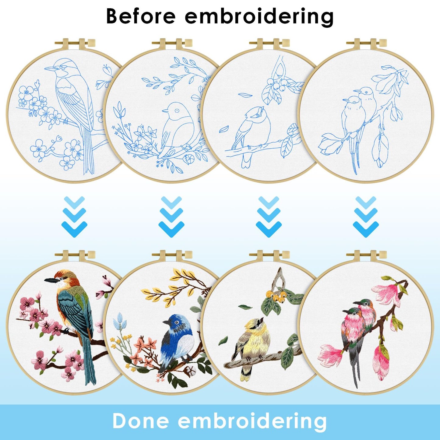 ERKOON 4 Sets Embroidery Kit for Beginners,Hummingbird and Flower Cross Stitch Set for Include Embroidery Cloth Hoops Threads for Craft Lover Hand Stitch (Flowers and Birds)