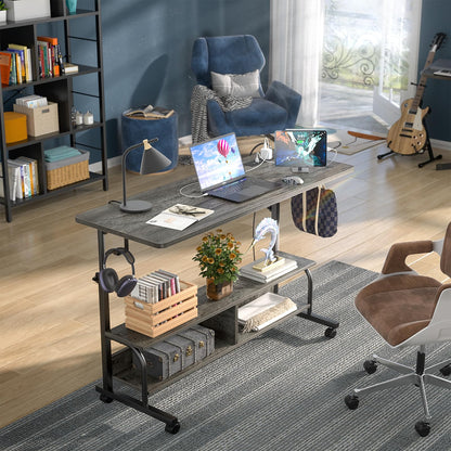Armocity Rolling Standing Desk with Charging Station, Portable Height Adjustable Mobile Computer Desk with Wheels & 2-Tier Shelves & Hooks, Easy Assembly Laptop Table for Couch Bed, 47" Grey Oak