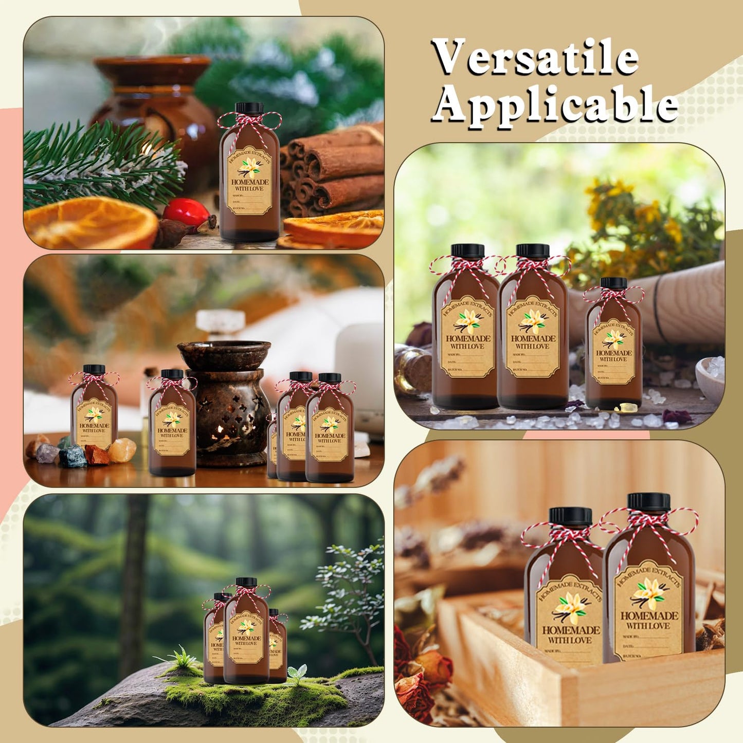 Popokeegoo 4Pcs 16 oz Amber Glass Bottle Brown Round Bottles with Caps, for Vanilla Extract Homemade, for Syrup Gift Glass Food Storage Canister Set, Sauce Beans, Essential Oil