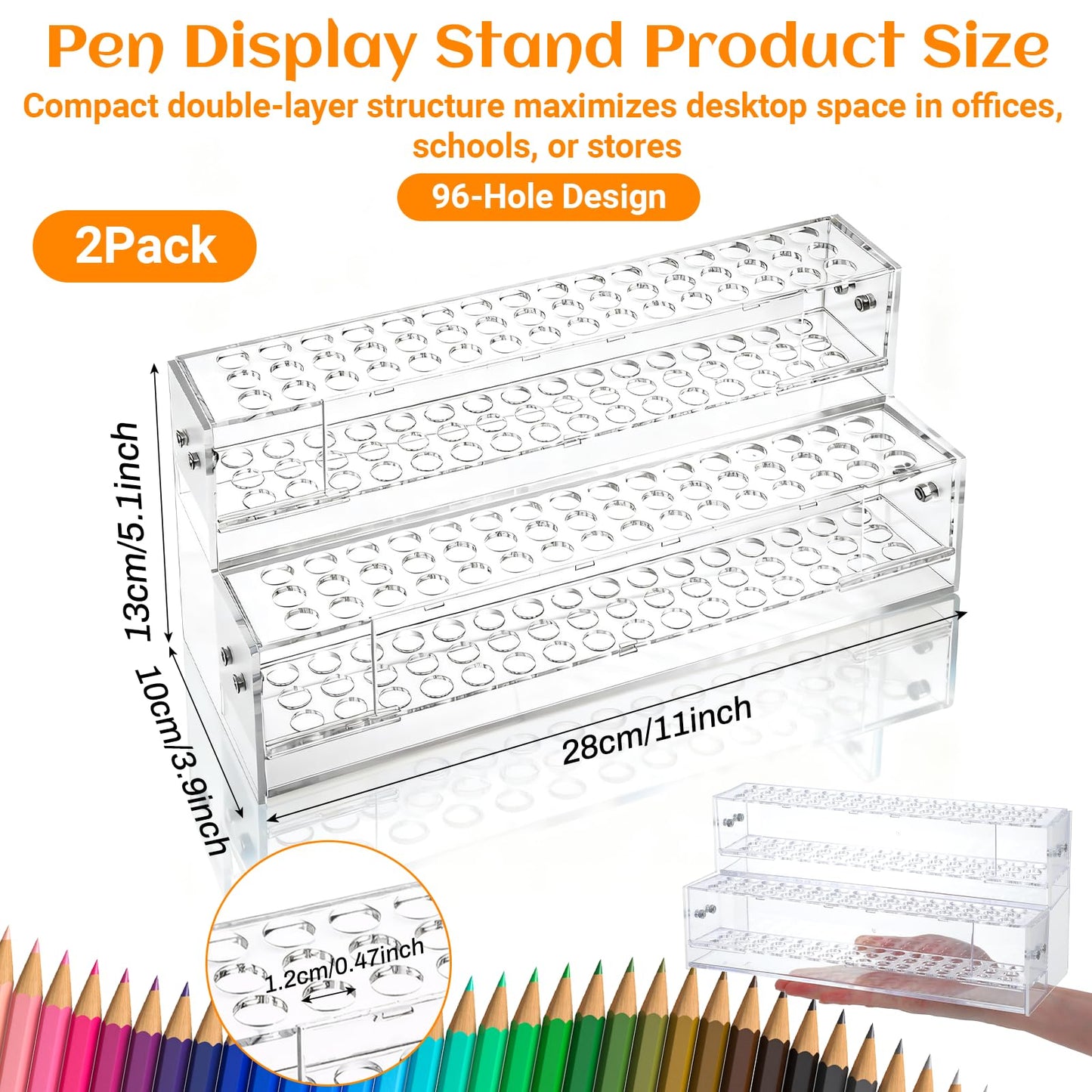 Tolare 2 Pcs 2-Tier Clear Acrylic Pen Holder with 96 Slots - Multi-Hole Acrylic Pen Display Stand for Organization, Perfect Makeup Brush Holder & Art Brush Rack Organizer for Office Desk, Craft Shows