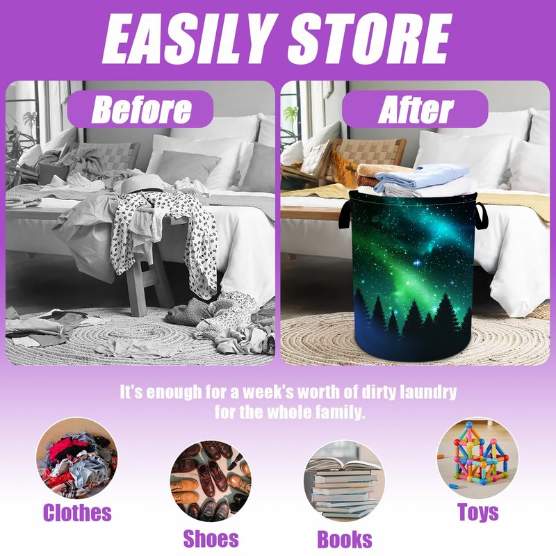 Starry Sky Forest Laundry Basket Foldable Laundry Hamper Tote Bag Storage Bucket Toy Organizer For Bathroom/Laundry/Bedroom（19.6x15.7inch）
