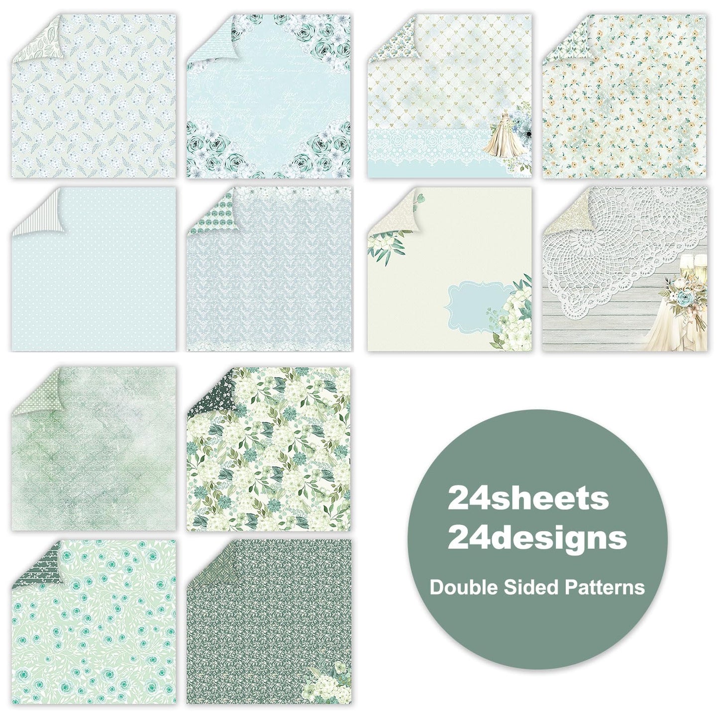 MIATTCLD 12x12 Scrapbook Paper Double Sided Patterned Paper for Scrapbooking, 24 Sheets/24 Designs Wedding Background Papers Boho Decorative Craft Papers for Card Making Journaling Decor (Green)