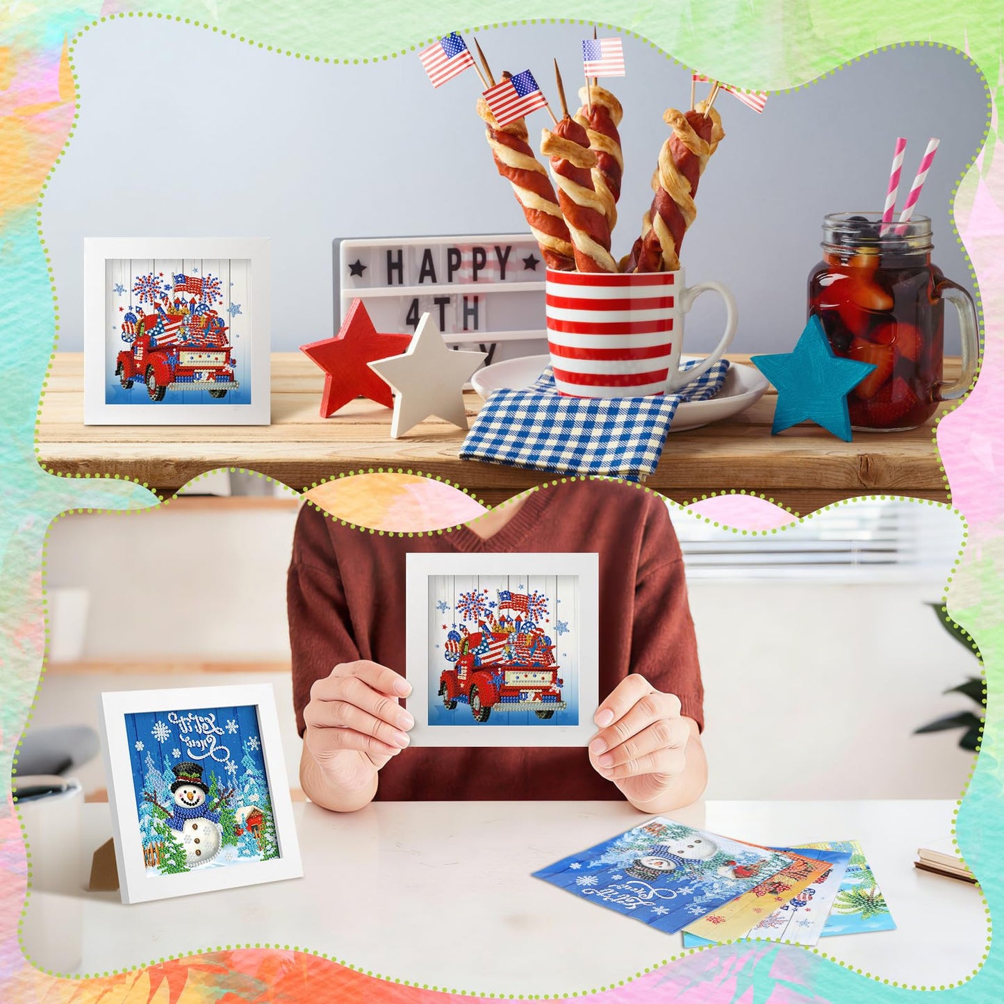 LemonSecret 13 Pcs Holiday Small Diamond Art Kits for Adults 4th of July Diamonds Art Interchangeable 5D Seasonal Diamond Painting Calendar 2026 with Frame for Home Office Tabletop Centerpiece Decor