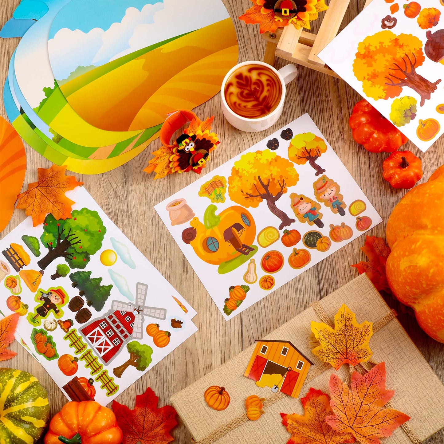 Spiareal 24 Pcs Thanksgiving Autumn Fall Stickers Scene Make a Sticker with Pumpkin Cardboards Your Own Scarecrow Turkey Acorn Classroom DIY Party Decor