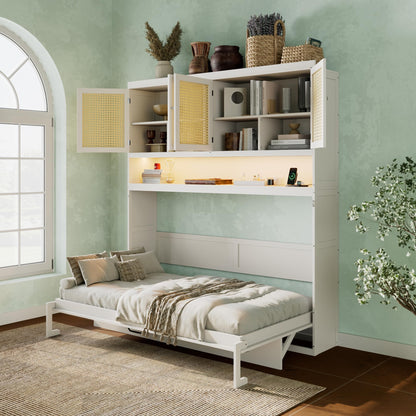 DNYN Murphy Bed Frame with Top Cabinet and LED for Bedroom/Guest/Study Room, Twin Size Wooden Foldable Wall Bed with USB Ports, Space-Saving Design & No Box Spring Needed