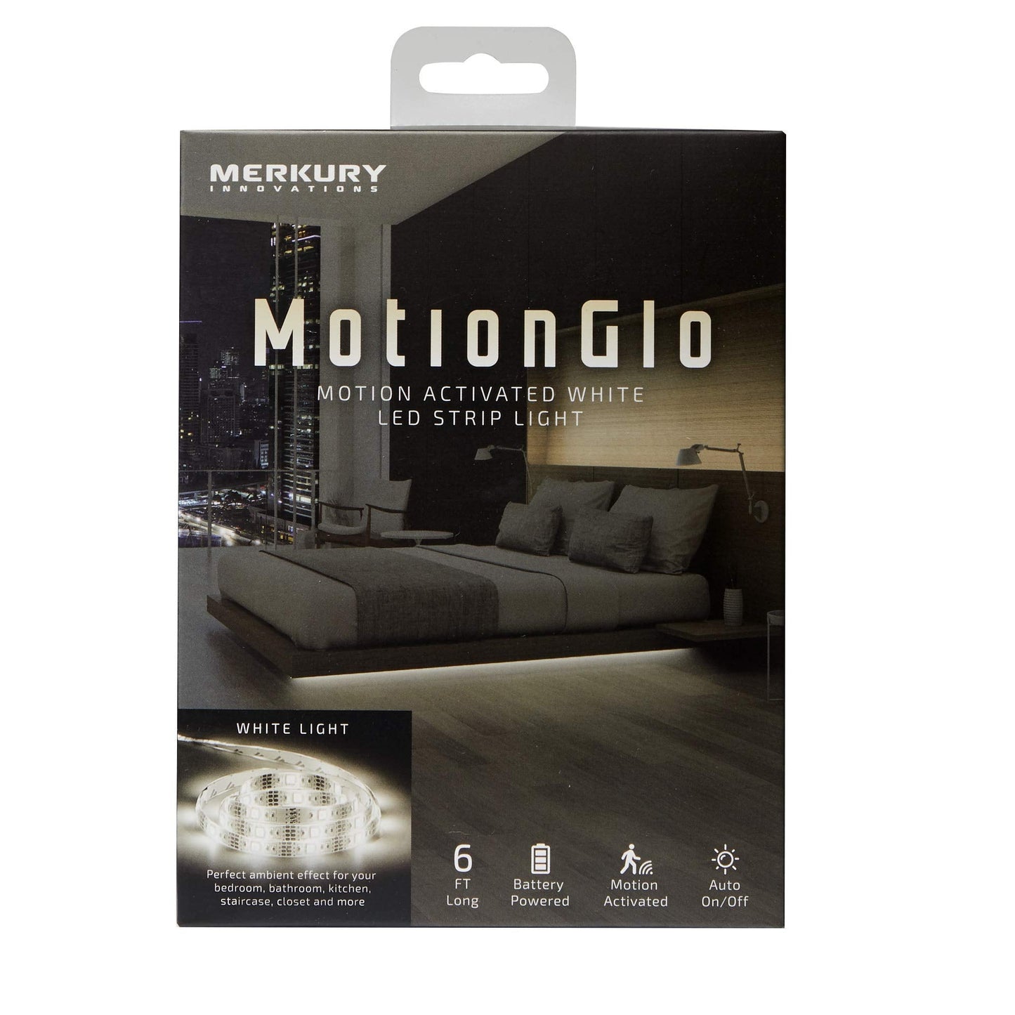 Merkury Innovations Motion Glo Motion Activated White LED Strip Light-Battery Operated LED Under Cabinet Lighting Motion Sensor, 6 Ft for Bed Stairs Wardrobe Lamp Tape, LED Closet Night Strip Light