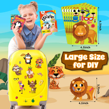 sinceroduct 100 Sheets Make a Face Stickers for Kids, Make Your Own Sticker,20 Styles Waterproof Kids Animal Stickers for Christmas, Valentine's Day Decoration, Gift, Reward, Travel Activities