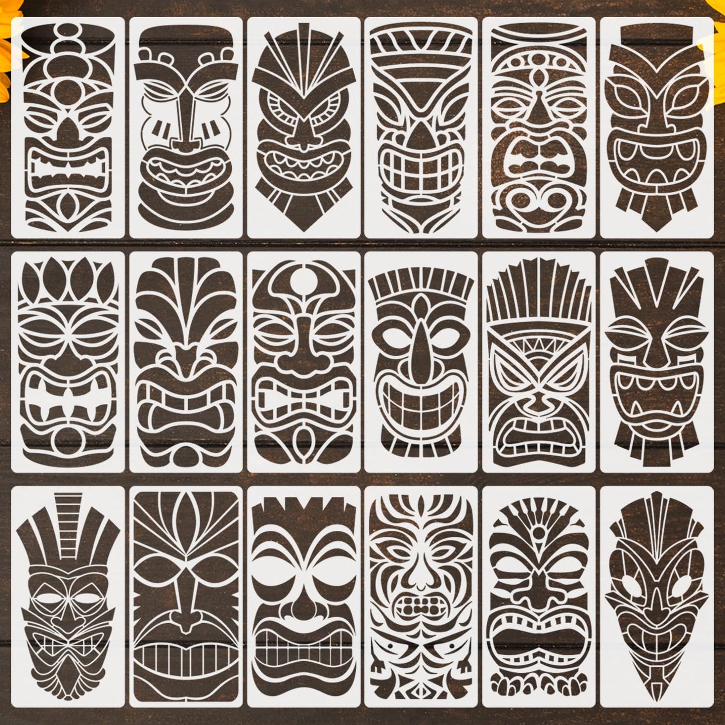 Tiki Tribe Stencils, 18 Pcs Tiki Totems Face with Open Mouth Stencils Reusable Template A4 Size for Painting on Wood Fabric Canvas Wall DIY Art Projects x 10"