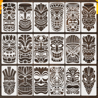 Tiki Tribe Stencils, 18 Pcs Tiki Totems Face with Open Mouth Stencils Reusable Template A4 Size for Painting on Wood Fabric Canvas Wall DIY Art Projects x 10"