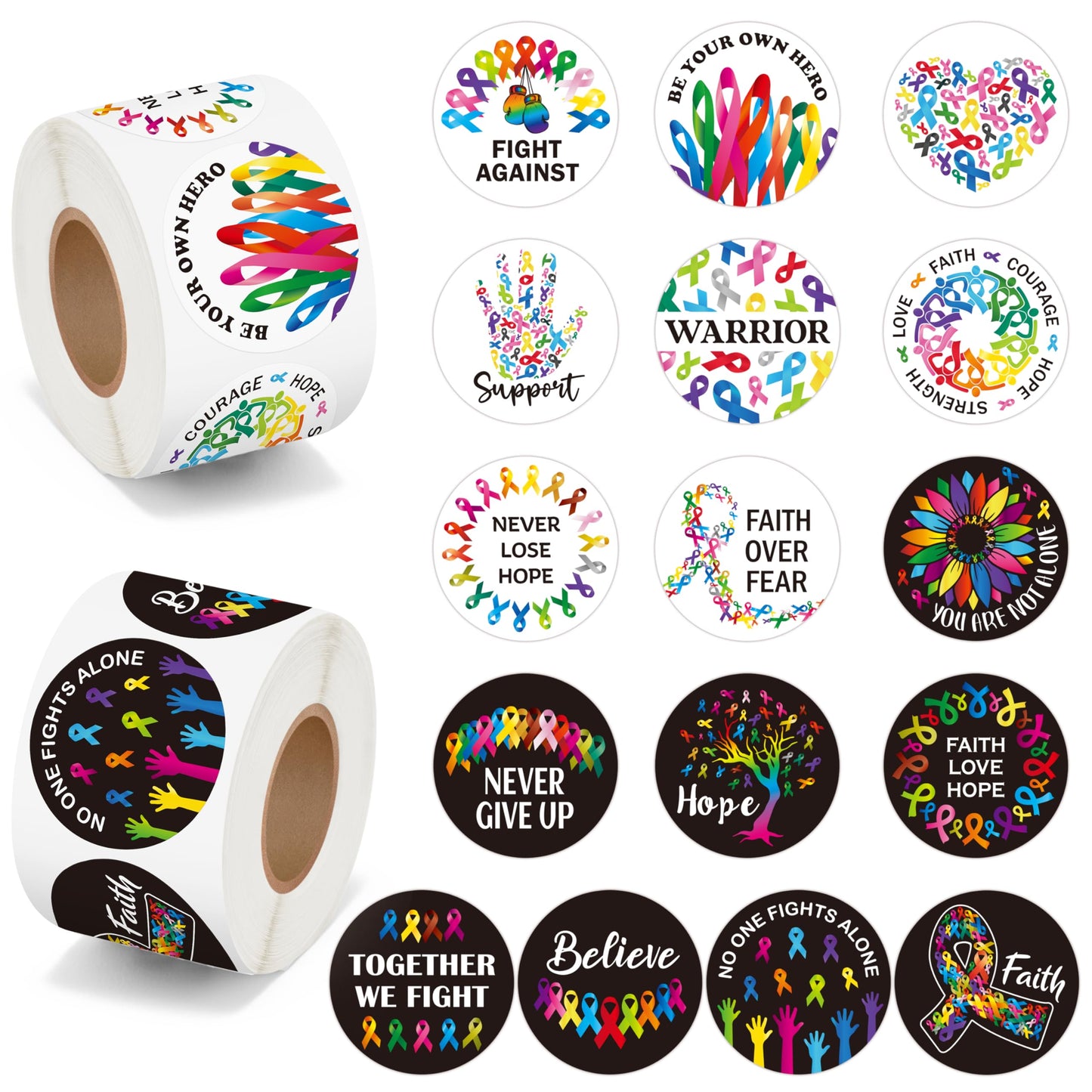 BeYumi Cancer Awareness Roll Stickers - 1000Pcs Cancer Awareness Stickers in 2 Rolls Waterproof Vinyl Colorful Ribbon Round Decals Laptop Bottle Notebook Luggage Gift Oncology Nurse Women Decor