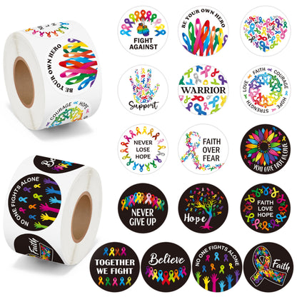 BeYumi Cancer Awareness Roll Stickers - 1000Pcs Cancer Awareness Stickers in 2 Rolls Waterproof Vinyl Colorful Ribbon Round Decals Laptop Bottle Notebook Luggage Gift Oncology Nurse Women Decor