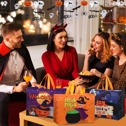 Sweetude 12 Pcs Large Halloween Tote Gift Bags with Handles Bulk Halloween Trick or Treat Bags Non-woven Reusable Pumpkin Ghost Bat Monster Tote 13inch for Gifts Wrapping Party Favor Supply
