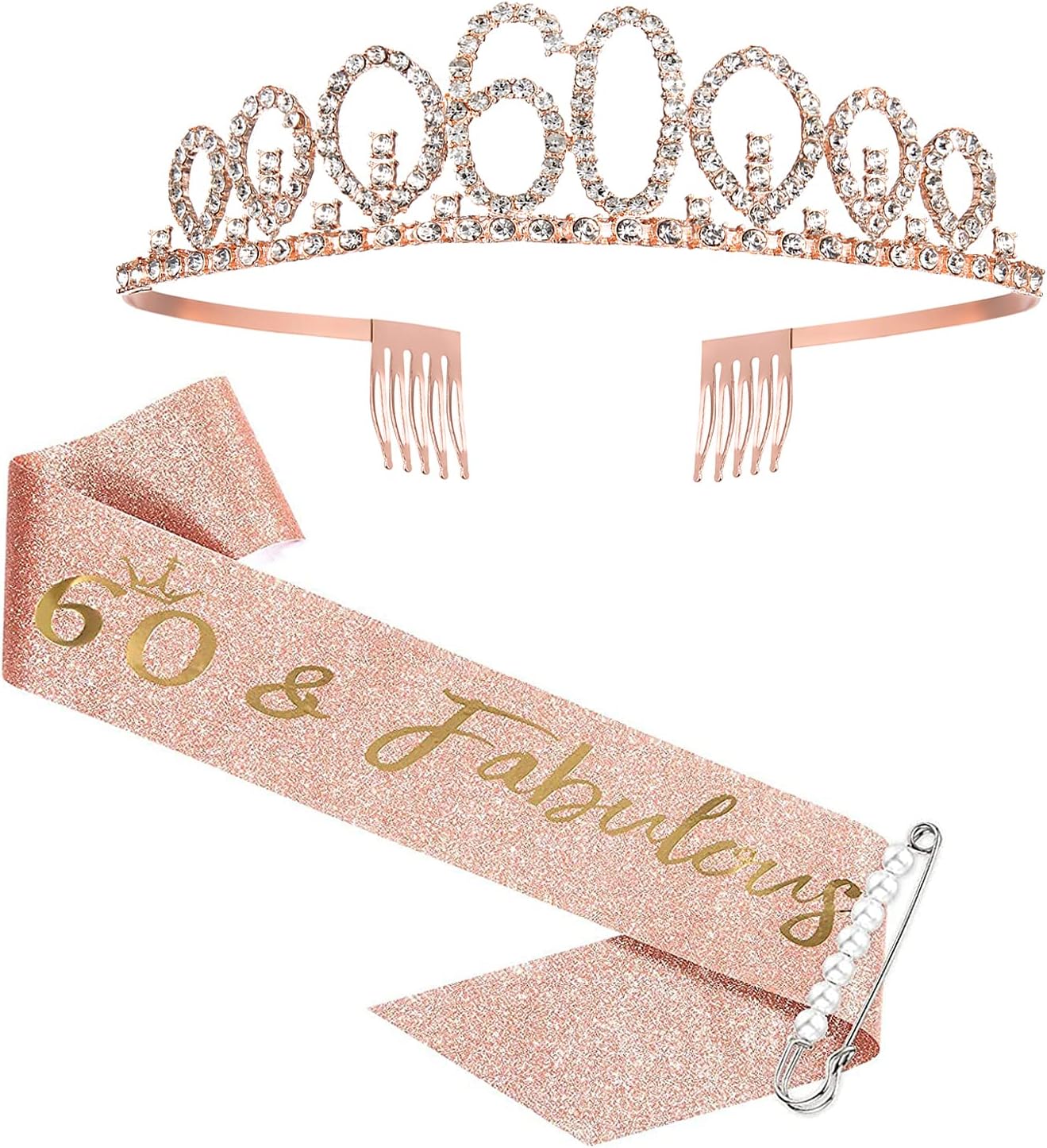 Rose Gold Birthday Sash Crown, 60 & Fabulous Sash and Tiara for Women, 60th Birthday Party Favor Supplies
