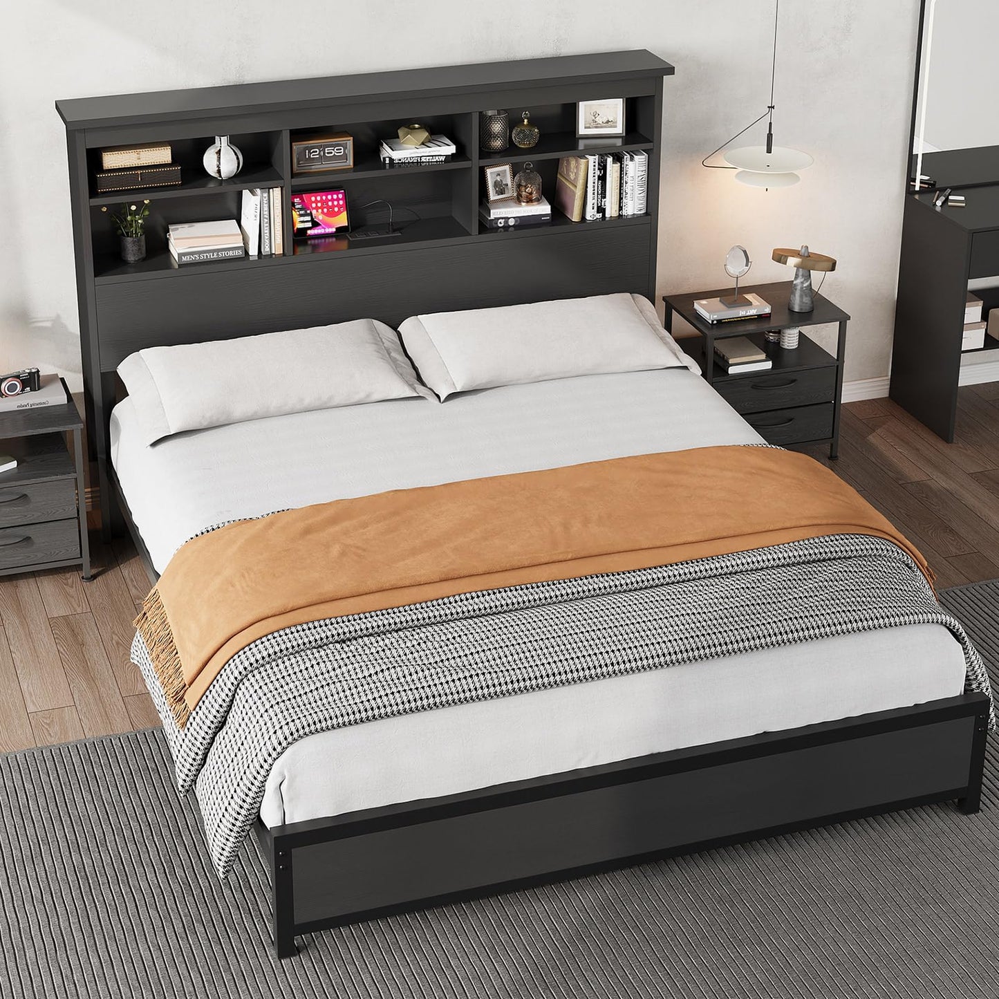Garvee Queen Platform Bed Frame with Bookcase Headboard, Charging Station (USB & Type‑c), Tall Wooden Headboard, 9.6" Underbed Storage, No Box Spring Needed, Black