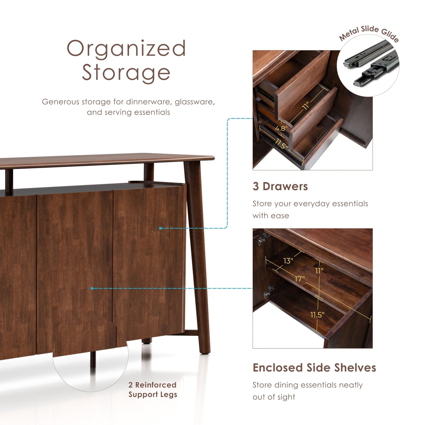Furniture of America Nazaen IV Mid-Century Modern Solid Wood 82.5-inch Sideboard Buffet Cabinet with Hidden Drawers, Credenzas for Living Room, Dining Room, Office, Rich Walnut