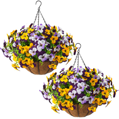 2 Set Artificial Outdoor Pansy Flowers with Hanging Baskets, 2 Hanging Baskets with 24 Pcs Silk Flowers for Spring Easter Decorations Porch Patio Home Decor (2, Purple, Yellow, White, Light Purple)