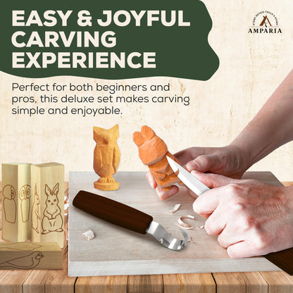 Wood Carving Kit – 29Pcs Whittling Knife Set with 9 Knives, Basswood Blocks w/Carved Guides, Safety Gloves, Whetstone, Stropping Leather & Roll Bag – AMPARIA Premium Tools for Beginner & Professional
